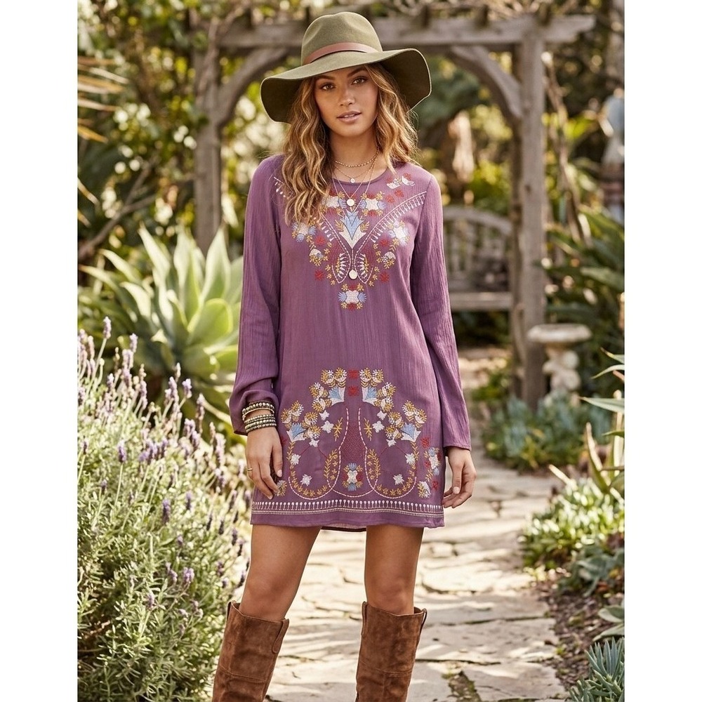 entro‎ Boho Embroidered  Dress Womens Purple Tunic Long Sleeve Small Cotton